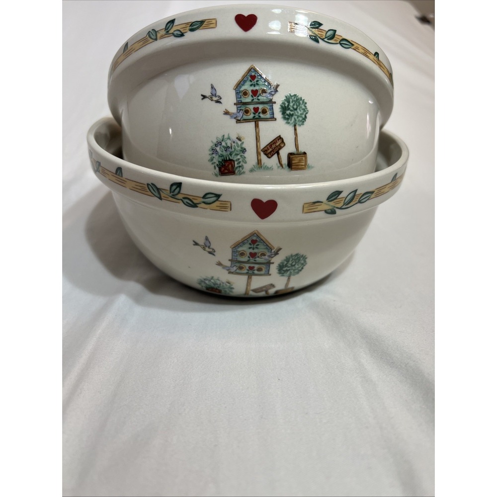 Vintage Stoneware Mixing Bowl Set Birdhouse Heart Country Farmhouse Nesting 2pc